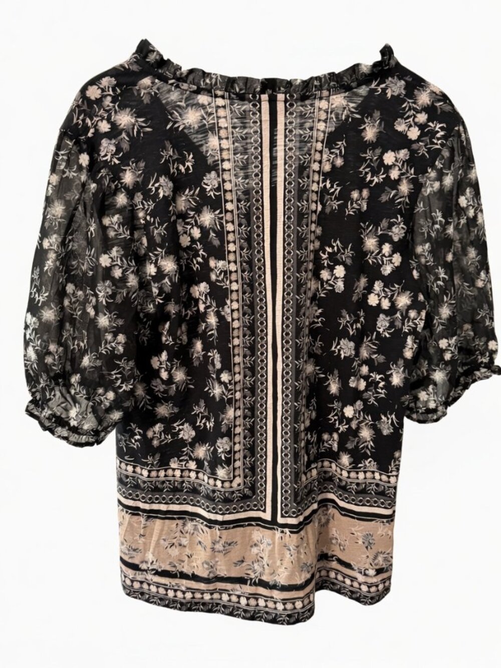 NWT Lucky Brand Black Floral Short Sleeve Peasant Boho Blouse Top Size M - Picture 2 of 11